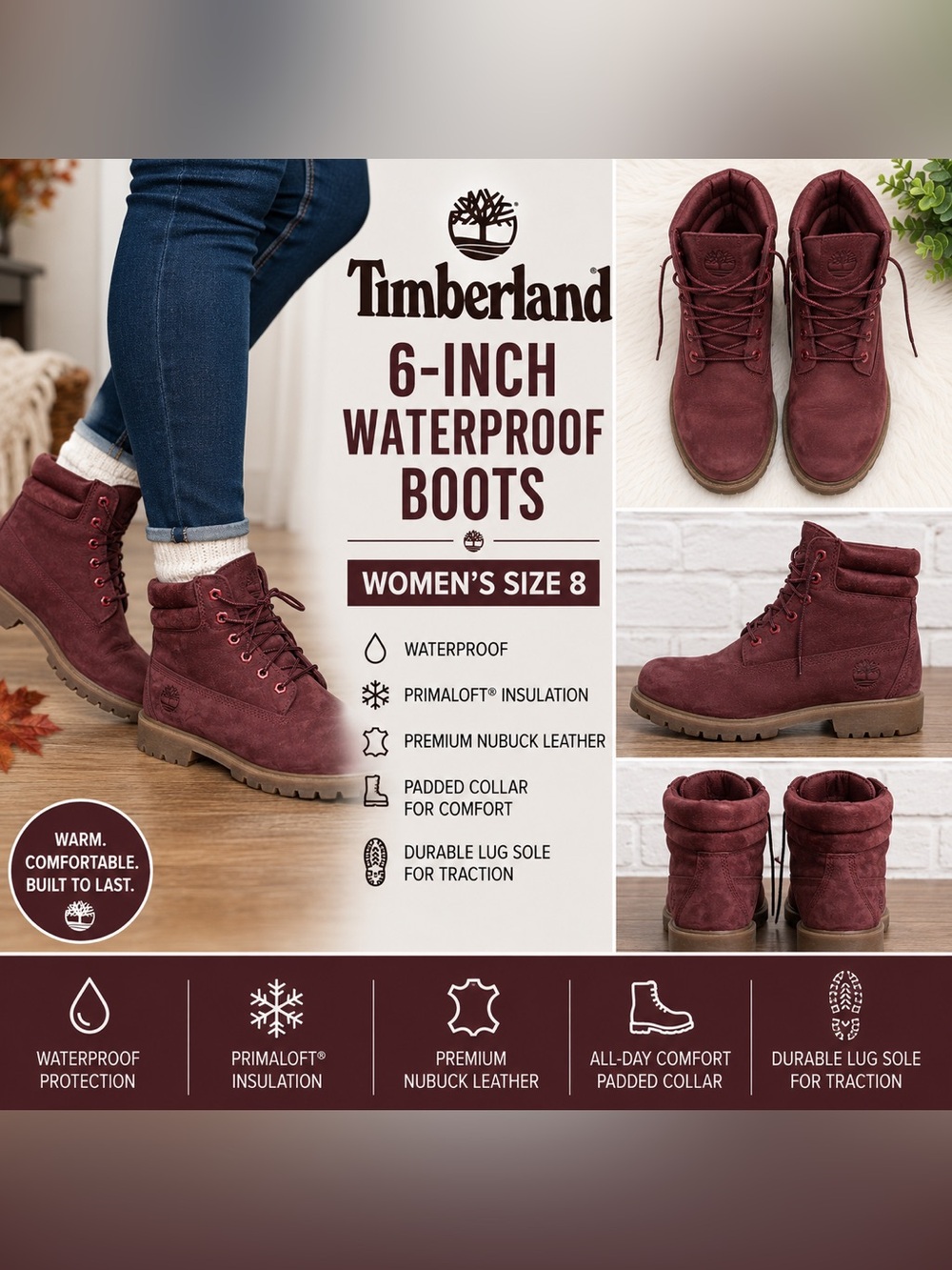 Timberland Women’s Burgundy Waterproof Nubuck Boots Size 8 PrimaLoft Insulated